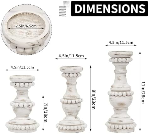 Farmhouse Large Candle Holders for Pillar Candles, Rustic Wooden Beaded Candle Holder, Perfect for Table Centerpieces, Coffee Table or Fireplace Mantel, 3 Piece Set (White) - Image 2