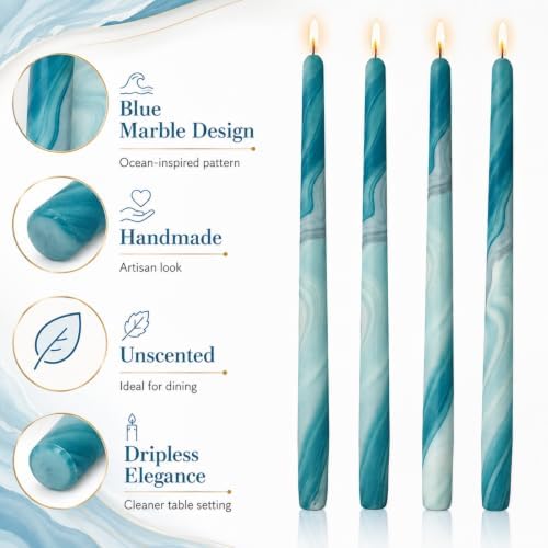 Blue Marble Taper Candles 10in-4 Pack Unscented for Table Decor - Image 5