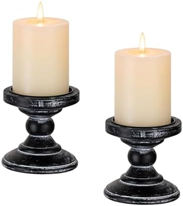Wood Pillar Candle Holder: Rustic Distressed Black Candle Stand by CreatedforWeddingsandHome
