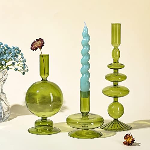 Rtteri 3 Pcs Iridescent Glass Candlestick Holders Taper Candle, Green - Image 5