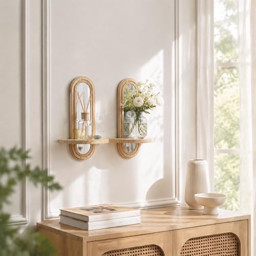 Artilady Floating Shelves with Arched Mirror, Boho Wall Decor for Storage - Image 2