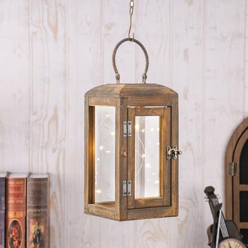 11" High Wooden Lantern Made of Solid Firwood in Handpainted Mediterranean Brown with Metal Handle,Hurricane Lantern, Farmhouse Lantern for Party, Deck, Front Porch (1, Brown, Small) - Image 5