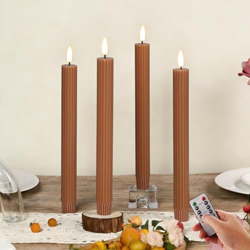 Brown Ribbed Fall Flameless Taper Candles with Remote Set of 4 by Girimax