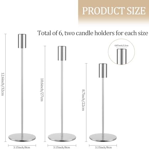 Set of 6 Silver Taper Candle Holders, Metal Silver Candlestick Holders, Tall Candle Holder, Fits 3/4 inch Thick Candle&Led Candles, for Table Centerpiece, Wedding, Dinning, Party Home Decor - Image 2