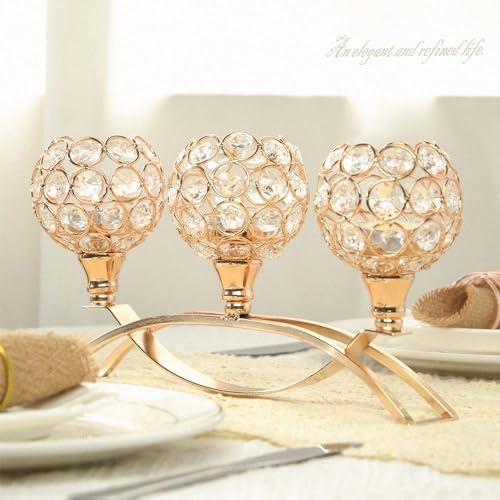 Crystal Tealight Candle Holder Centerpiece Home Decorative Candlestick Holder Elegant Table Centerpiece Home Decor Wedding Party Anniversary (Gold, 3 Arm) - Image 2