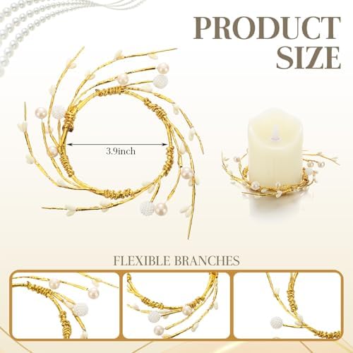Daifunli 2 Pcs Pearl White Berry and Pip Gold Wire Candle Rings Vintage Pip Berries Wreaths for Pillar 3.9 Inch Candles Holder for Summer Ocean Beach Rustic Table Centerpiece Decor - Image 2
