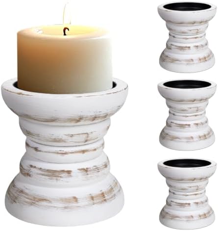 Pillar Candle Holder, 8 Inch Farmhouse Wood Candle Holder, Rustic Wooden Candle Stand, Vintage Small Wooden Candlestick Holders for Living Room, Table Centerpiece, Vintage White(4PCS) by CEDARLUX