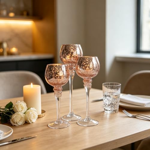 Hosley® Elevate Ambiance with Set of 3 Crackle Rose Gold Glass Tealight Holders 12 Inch, 10 Inch, 9 Inch Sophisticated Decor for Chic Candle Displays - Image 5