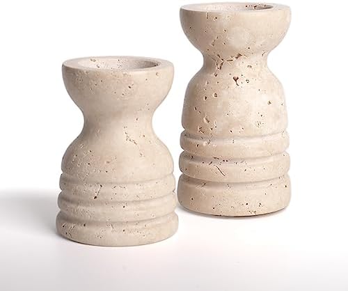 Candle Holders Italy True Natural Travertine Stone Set of 2 Premium Marble Candlestick Holder for Wedding Dinning Party Candle Stand for Dia 3/4" Taper Pillar Candles Color Beige (CH6065YL) by WORHE