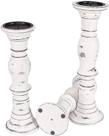 Candle Stands Wooden for Pillar Candles,Rounded Turned Colums, Sustainable Woods, Country Style, Idle for Reiki, Aromatherapy, Votive Candle Garden Home décor - 16,14,12 Inch Set of 3 - White Antique - Image 3