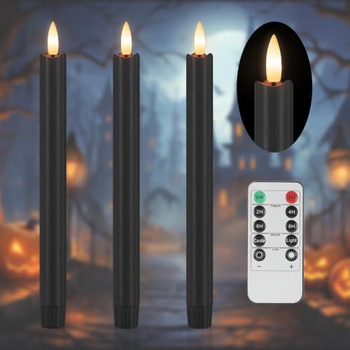 Black Flameless Taper Candles with Remote and Timer, Real Wax, 3 Pack by SEHNSY