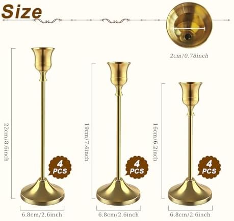 12 PCS (4 Sets) Brass Gold Taper Candlestick Holders - Vintage Metal Candle Sticks - Image 2