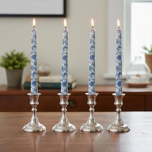 Chinoiserie Blue Floral Taper Candles - 10" Blue White Floral Candlestick Printed Long Flower Dinner Candle Sticks for Mother's Day Wedding Table Centerpiece Home Decor,4 Pack by Gedengni