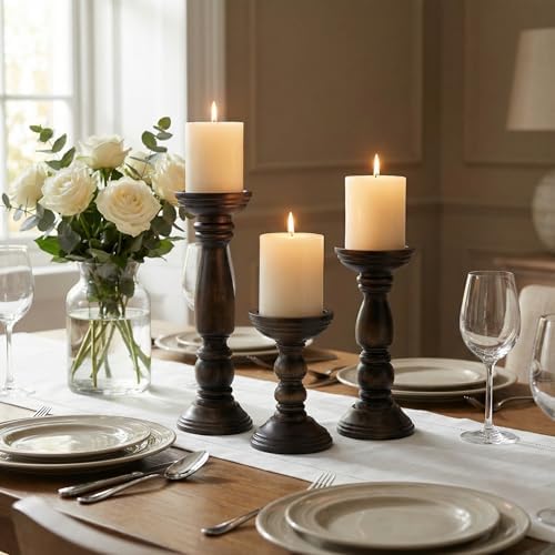 BANOMII Farmhouse Wooden Candle Holders for Pillar Candles Set of 3, Rustic Wood Candle Holder Table Centerpiece Decor, 12'' 9'' 6'' Vintage Tall Candle Stand Decorative, Dark Brown - Image 4
