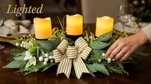 Svndlyn 26 Inch 3 Candle Holder Centerpiece with Greenery and Striped Bow - Image 4