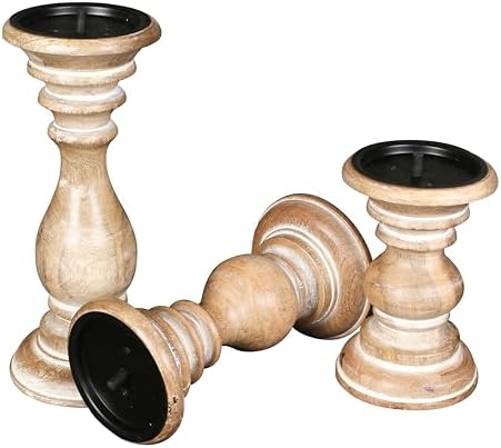 Pillar Candle Holders Set of 3 (10",8" & 6" Height)_White Wash,Candle Holder in Mango Real Wood,Decorative Candle Holders for Table Centerpiece, Wedding, Party, Home Décor, spa, Farmhouse, Gifting - Image 2
