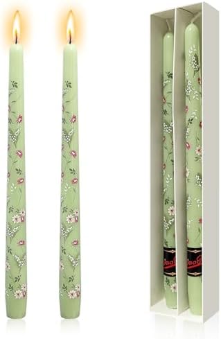 NJAO HOO Flower Candlesticks 10 in Straight Taper Candles Hand Printing Colored Green Candlesticks Floral Tall Tapered Candle for Spring Home Garden Decor Simple Modern, 2Pcs by NJAOHOO
