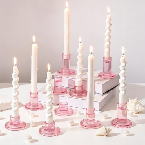 Hewory Pink Taper Candle Holders Bulk: 9PCS Glass Candlestick Holders by Hewory