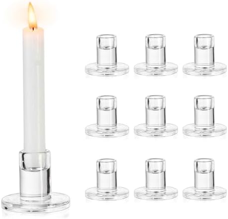 NUPTIO Glass Candle Stick Holder: Set of 10 Clear Small Taper Candlestick Holders for Tapered Candles Bulk Crystal Short Tapers Candlesticks Candleholder for Dining Table Fireplace Mantle Decor by Nuptio