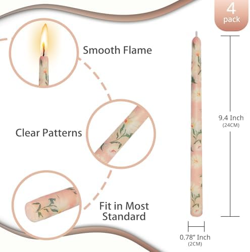 NJAO HOO Flower Candlesticks 10 in Straight Taper Candles Pink Hand Printing Daisy Candlesticks Floral Tall Tapered Candle for Home Garden Decor Simple Modern, 2Pcs - Image 3