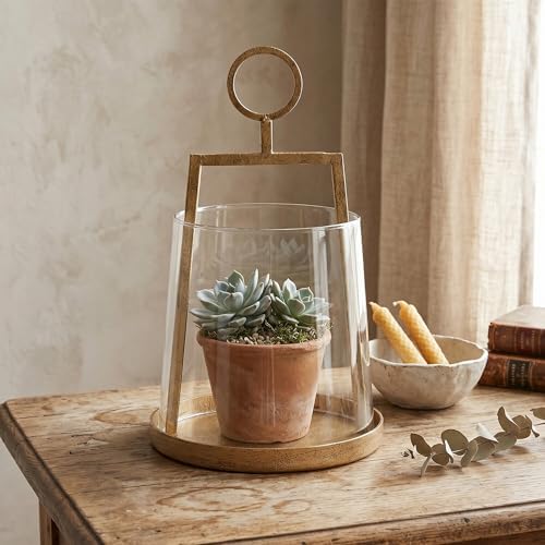 Modern Farmhouse Hurricane Candle Holder, Antique Brass Metal Centerpiece - Image 4
