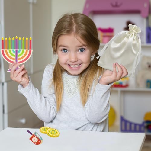 Mini Multicolor Hanukkah Menorah, 4-Pack 5" Inch Children Wooden Chanukah Menorah Set with Removable Wooden Candles, 3" Inch Dreidel, and Gelt Coins - Image 2