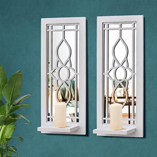 Pibeyer Rustic Wall Candle Holder Set of 2, Wooden Mirrored Candle Sconces, Farmhouse Home Wall Decor for Living Room, Dining Room, Wall Art by Pibeyer