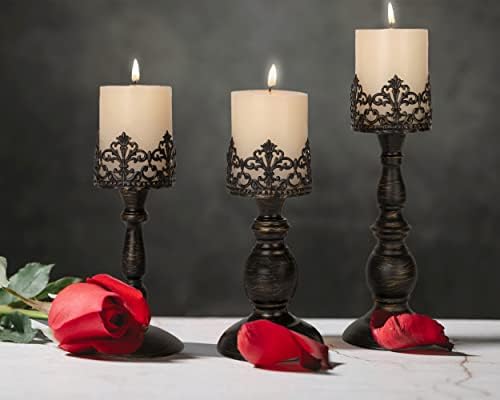 BANOMII Distressed Black Candle Holders for Pillar Candles Set of 3, Vintage Crown Candle Stands for Table Centerpiece Decor, Tall Antique Metal Candle Holder Set for Fireplace Decoration, Ideal Gift - Image 2