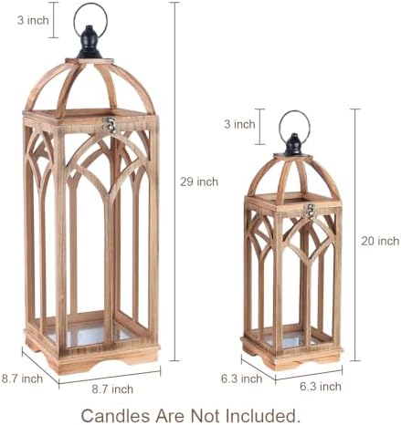 Large Farmhouse Wooden Lantern Decorative Indoor & Outdoor,30‘’/20‘’H Set of 2 Rustic Hanging Candle Lanterns, Wooden Outdoor Lanterns for Patio Front Porch Table, Natural Wood - Image 3