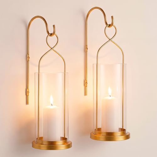 Set of 2 Gold Wall Candle Sconces Decor Wall Candle Holder for Pillar Candles - Modern Metal Hurricane Lantern Decoration for Indoor Porch Fireplace Bathroom Living Room by Ferrochef