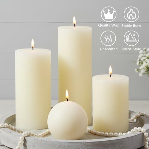 Rustic Ivory Pillar Candles Set - 4 Pcs Assorted Sizes Unscented Pillar Candle, Decorative Pillar Candles for Home Centerpiece Decor, Holiday Dinner Table, Dripless & Smokeless - Image 2