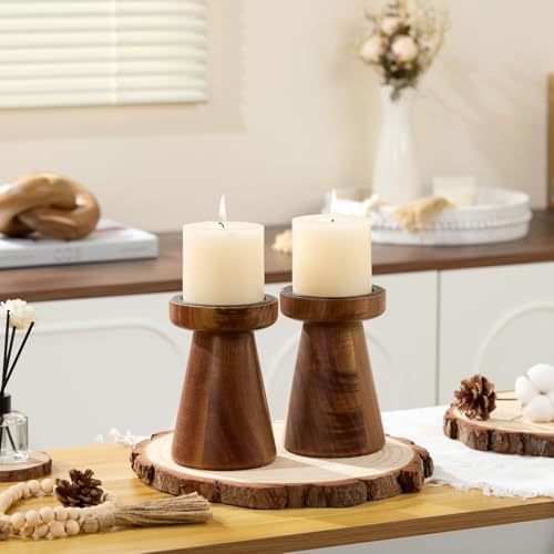 Rustic Acacia Wood Pillar Candle Holder - Image 5