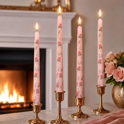 Print Taper Candles Dripless Candlesticks - 4pcs Handmade Floral Candle Long Candle Sticks 10inches Flower Tapered Candles for Home Party Wedding Restaurant Holiday Decor,8D4T-RONEW - Image 2