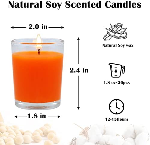 20 Packs Unscented Orange Votive Candles in Clear Glass, Small Bulk Natural Soy Wax Scentless Fall Colored Candles for Thanksgiving Halloween Harvest Home Holiday Spa Decoration - Image 6