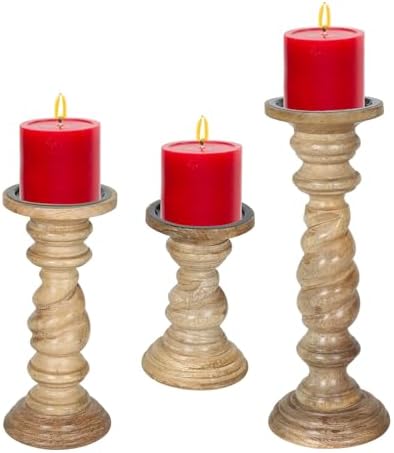 Rustic White Wash Pillar Candle Holders Set of 3 – Rope Design, 12" 9" 6" Heights – Farmhouse Candle Holders for Table Centerpiece & Decor – Fits Pillar Candles – Vintage Home Accent by TheWoodenTown