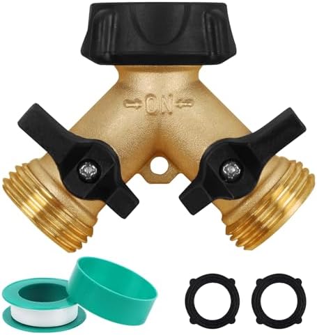 Biswing Garden Hose Splitter 2 Way, Heavy Duty Brass Connector Tap Splitter, Y Splitter 2 Valves with 2 Extra Rubber Washers by Biswing