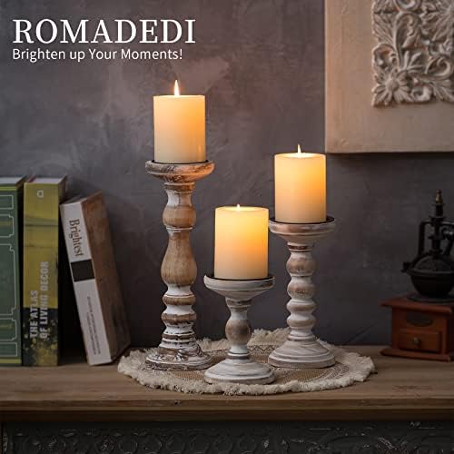 Romadedi Rustic Whitewashed Solid Wood Pillar Candle Holders, Set of 3 - Image 2