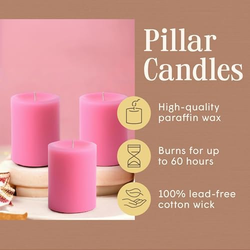 Mister Candle Dripless Unscented Pink Pillar Candles, Set of 3 Hand Poured Solid Color Non-Scented Candles for Home Decor, Premium Wax, 60 Hr Burn Time - 3x4 Inch, Pink - Image 4