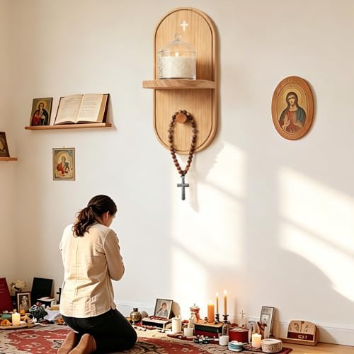 Prayer Shelf, Wooden Wall Mounted Rosary Holder with Cross Detail and Candle Space, Compact Prayer Display Shelf for Bedroom Entryway and Daily at Home - Image 4