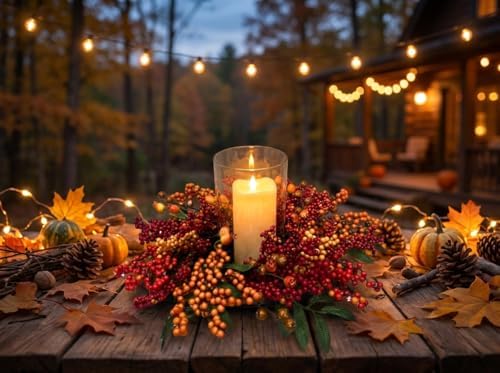 15" Fall Berry Candle Ring Centerpiece with Glass Hurricane Holder - Image 6