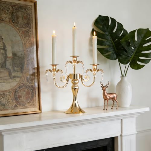 Metal 3 Arm Candelabra with Crystal Pendants - 11.8 Inch Tall Candle Holders, Set of 2 - Elegant Taper Candlestick Stand for Wedding, Dining Table, Christmas Party Home Decoration (2, Gold) - Image 4