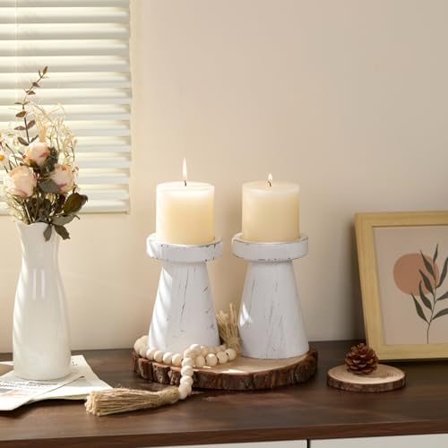 Set of 2 Rustic White Wood Candle Holders for Pillar Candles - Image 4