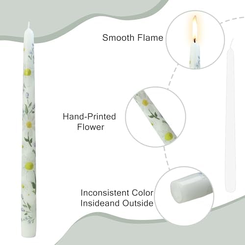 Daisy Printed Taper Candles Smokeless- 4 pcs Handmade White Taper Candle - Dripless Uncented Candle 10 inches Long Flower Printed Tapered Candles for Home Party Wedding Restaurant Holiday Decor - Image 3