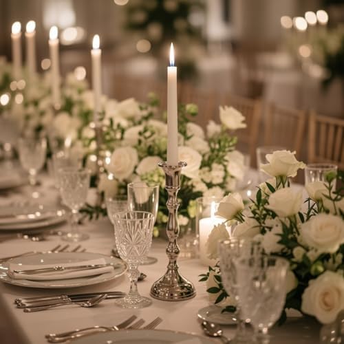 Hosley Set of 2 Silver Candlestick Holders for Taper Candles, 8.25 Inch Tall Aluminum Metal Candle Stands, Elegant Formal Dinner & Wedding Centerpiece Decor - Image 7