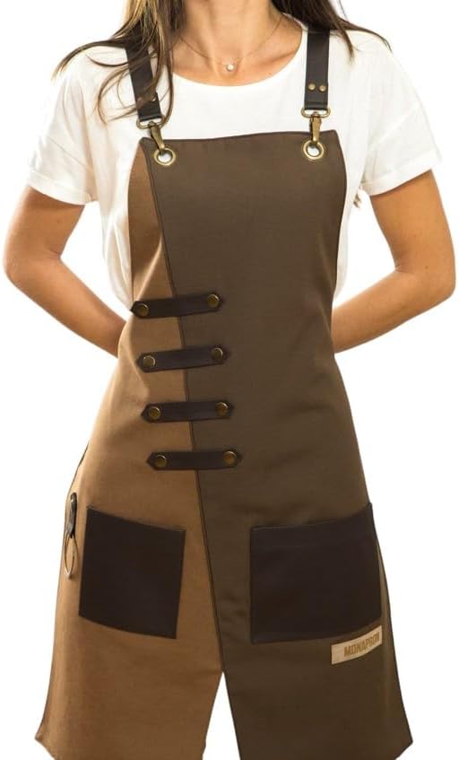 MONAPRON Apron for Women and Men Waterproof Canvas Extra Pocket for Chef Barista Gardening BBQ Grilling Crossback Unisex