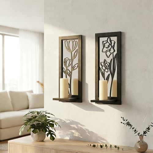 ZEXUIRU 2 Set Rustic Candle Sconces Living Room Bedroom Entryway Wood Mirrored, Farmhouse, Carved Frame Wall-Mount Wooden Candle Holders Wall Decor Hanging Handmade Holder - Black - Image 2