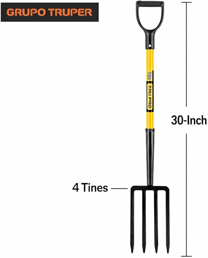 Truper Tru Pro 4-Tine Spading Fork, 30-Inch Heavy-Duty Fiberglass Handle with D-Grip, Professional Forged Steel Digging and Aerating Tool (Model BJ-4F / 30299)