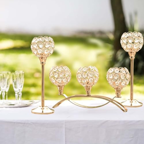 Crystal Tealight Candle Holder Centerpiece Home Decorative Candlestick Holder Elegant Table Centerpiece Home Decor Wedding Party Anniversary (Gold, Set of 3) - Image 5