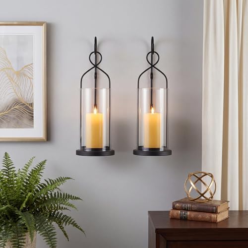 Set of 2 Black Wall Candle Sconces Decor Wall Candle Holder for Pillar Candles - Modern Metal Hurricane Lantern Decoration for Indoor Porch Fireplace Bathroom Living Room - Image 5