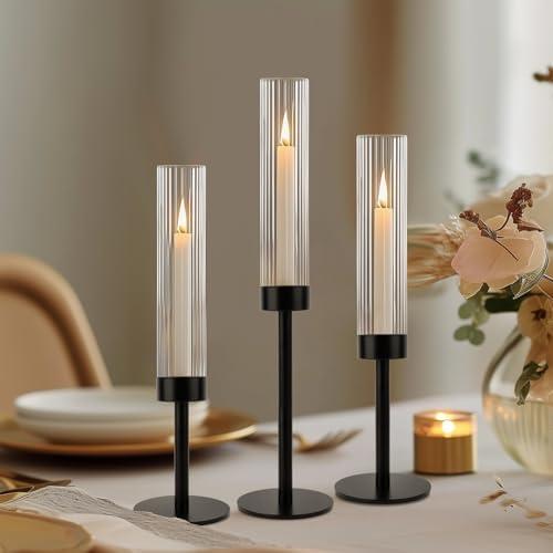 Black Hurricane Candle Holders, Set of 6 Glass Taper Candlestick Holders Metal Candle Stands Bulk with Ribbed Glass Cover for Dining Tables Wedding Candelabra Centerpieces Decor - Image 6